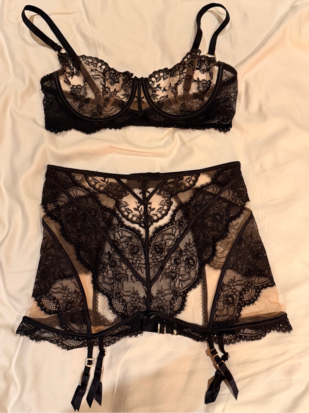 Honey Birdette Black Sheer Floral Lace Bra & Garter Belt Set